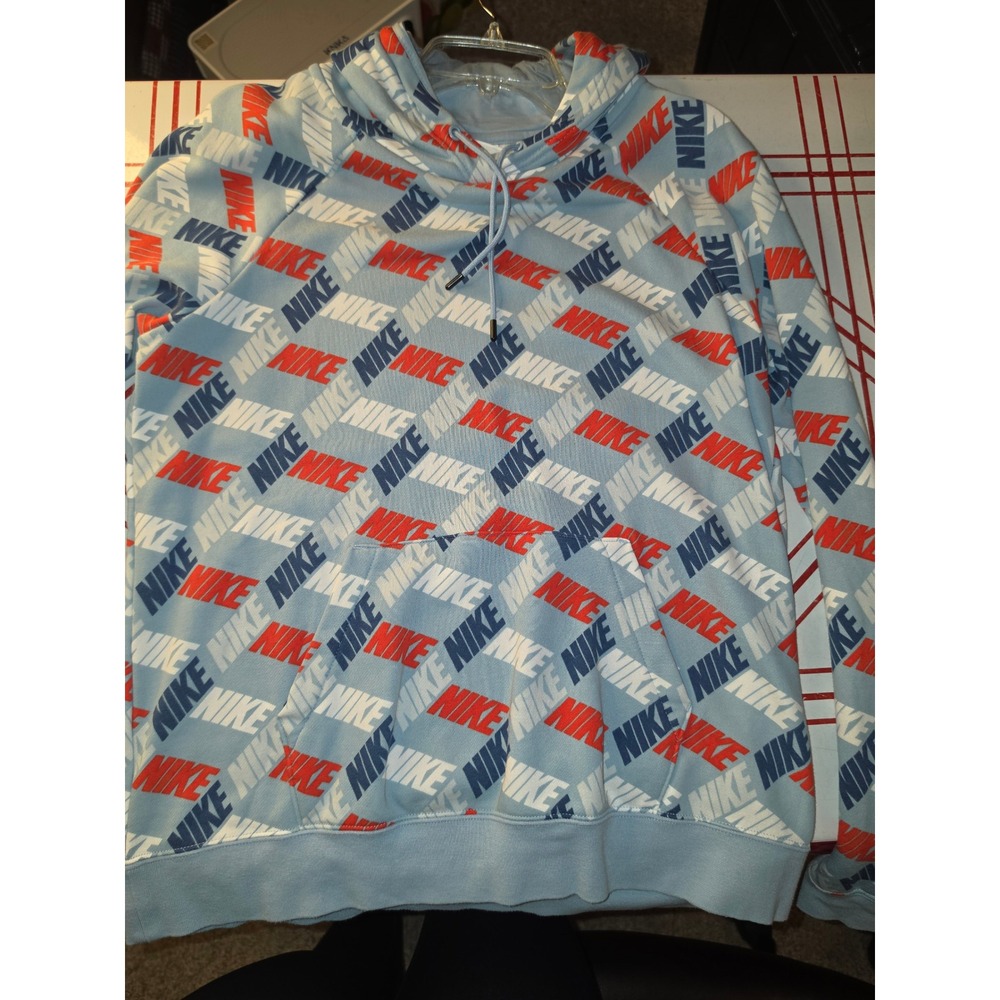 Nike Sportswear Club Fleece All Over Print Hoodie Blue Red DV0028-425 Mens M